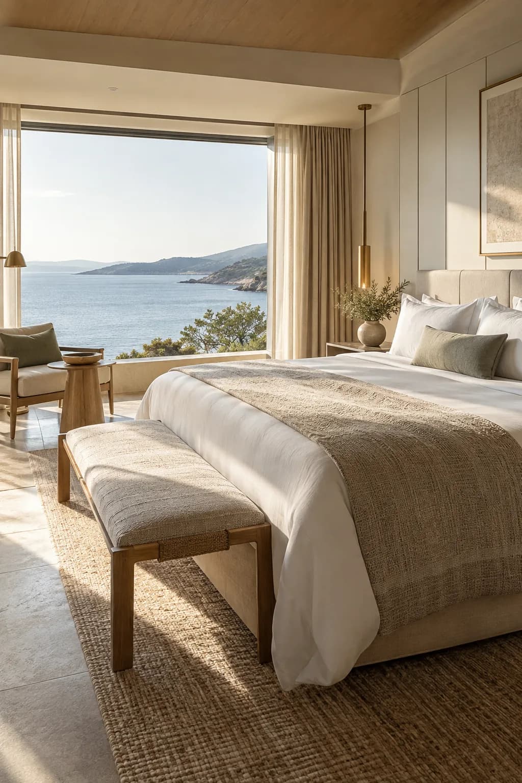 Illustrative hotel suite with pale linen, warm timber, and a broad window.