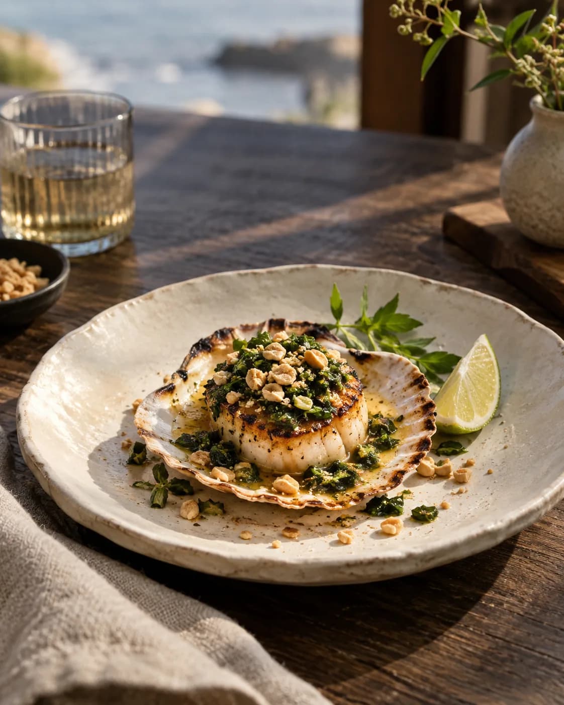 AI-generated illustrative photograph of grilled scallops on ceramic.